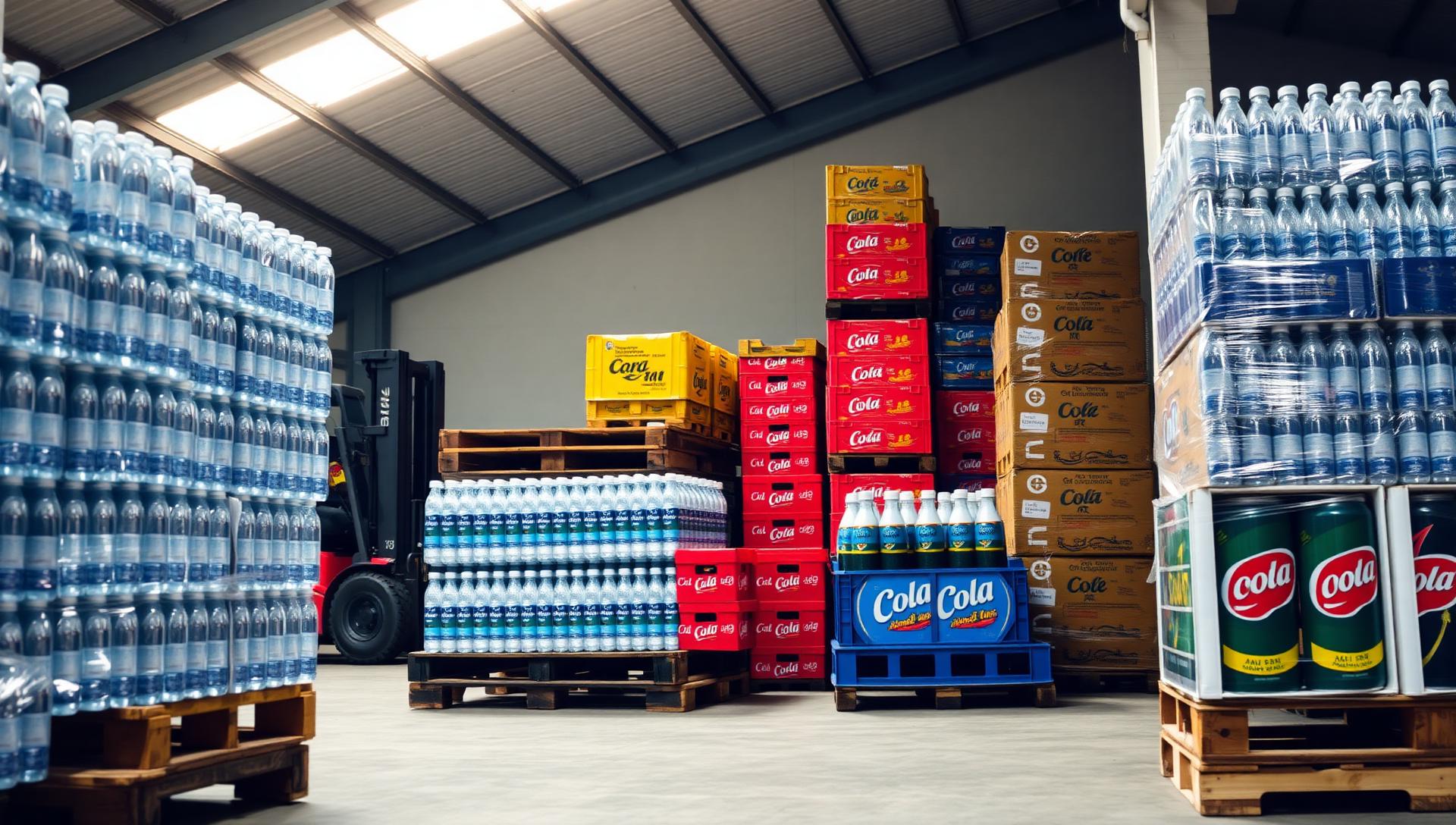 Rinnechem beverage distribution warehouse with stacked bottled water and soft drinks